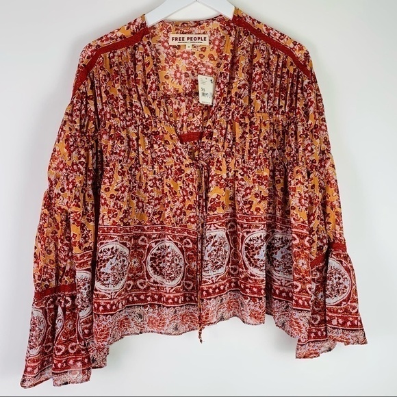 Free People‎ Boho Floral Blouse Women's Size XS Bell Sleeve Peasant Top Comfy - Picture 9 of 15
